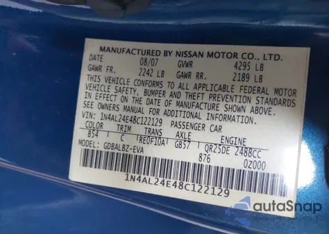 2008 Nissan Altima 2.5 S из США, поврежденный, VIN 1N4AL24E48C122129